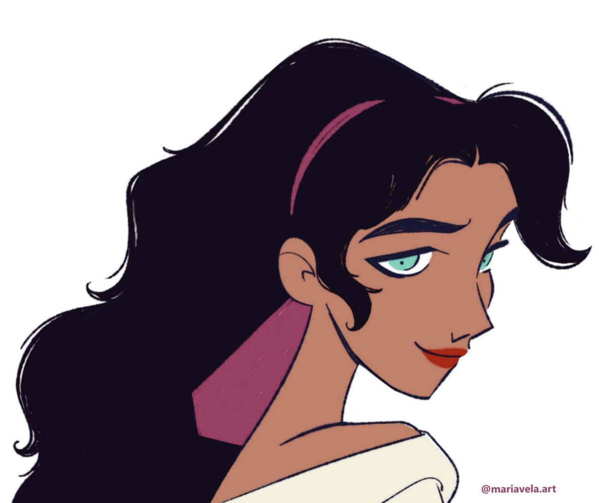 Stylized portrait of Esmeralda with long dark hair, gold earrings, and a confident expression, set against a warm-toned background.