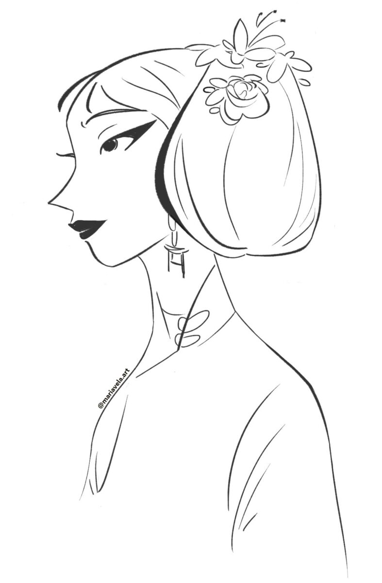 Black and white sketch of a stylized Asian woman in profile, wearing a floral headset and her hair in a bun.
