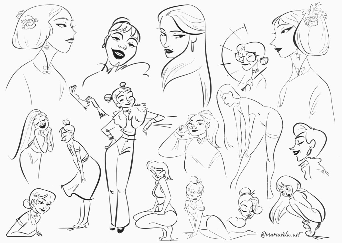 Black and white sketch of multiple characters interacting in various poses and expressions, with flowing lines.