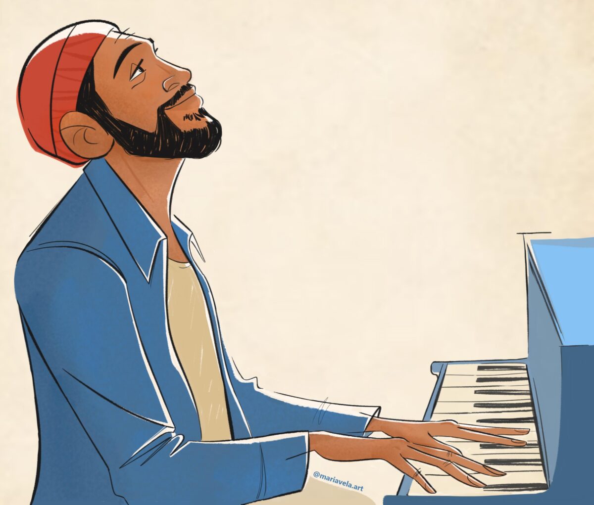 Stylized illustration of a man with a beard and red beanie playing the piano, in tribute to Marvin Gaye.