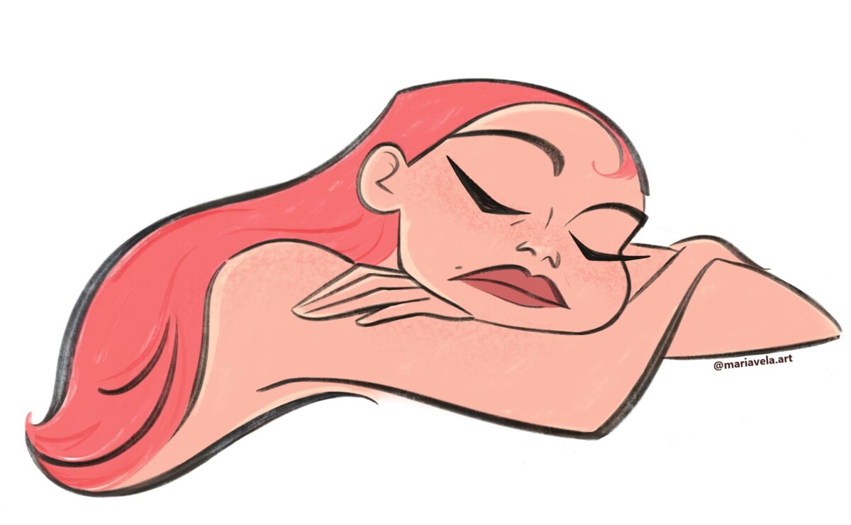 Loose sketch of a artist with orange hair slouched over, with expressive, fluid lines conveying emotional and physical fatigue.