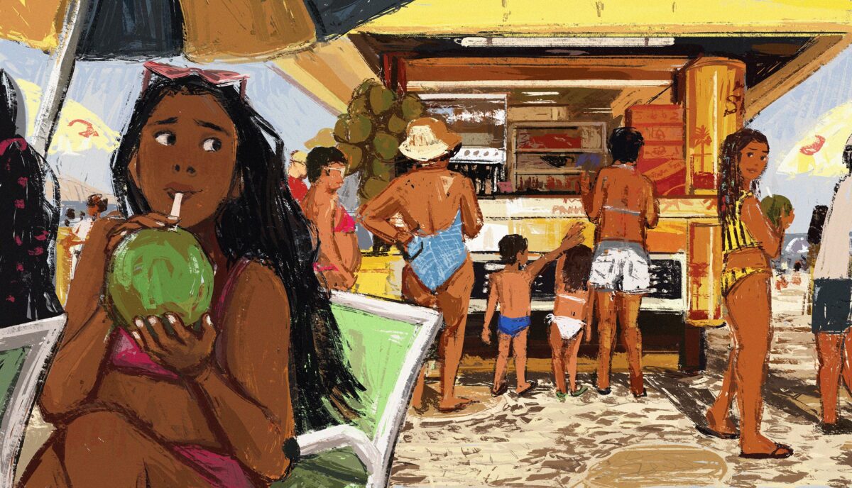 A digital painting of a girl sipping from a coconut on a beach. Out of the corner of her eye, she sees another girl walking by in a swimsuit. The lighting is bright and sunny. The beach is Brazilian in energy.