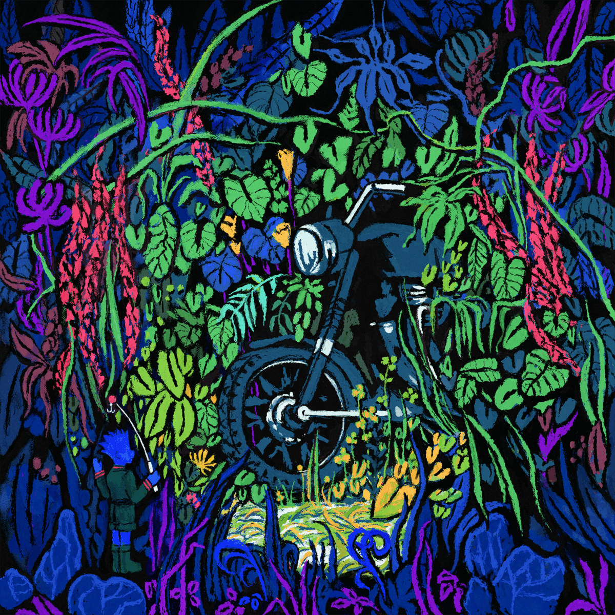 A digital illustration of a bike, overgrown with flowers. In the corner is Gon from the show Hunter x Hunter.