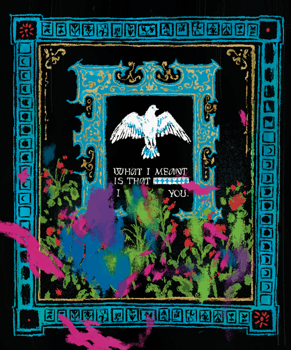 An illustration that looks like a medieval illuminated manuscript, with a dove at the center.