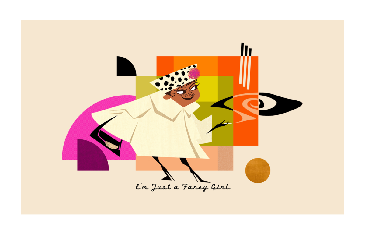 Stylized fashionable woman in a white outfit posing against colorful geometric shapes.