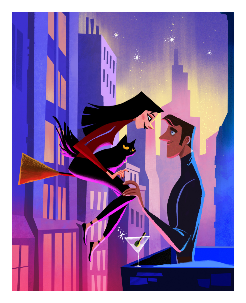 Witch flying on a broom with a black cat, meeting a man on a rooftop at night.