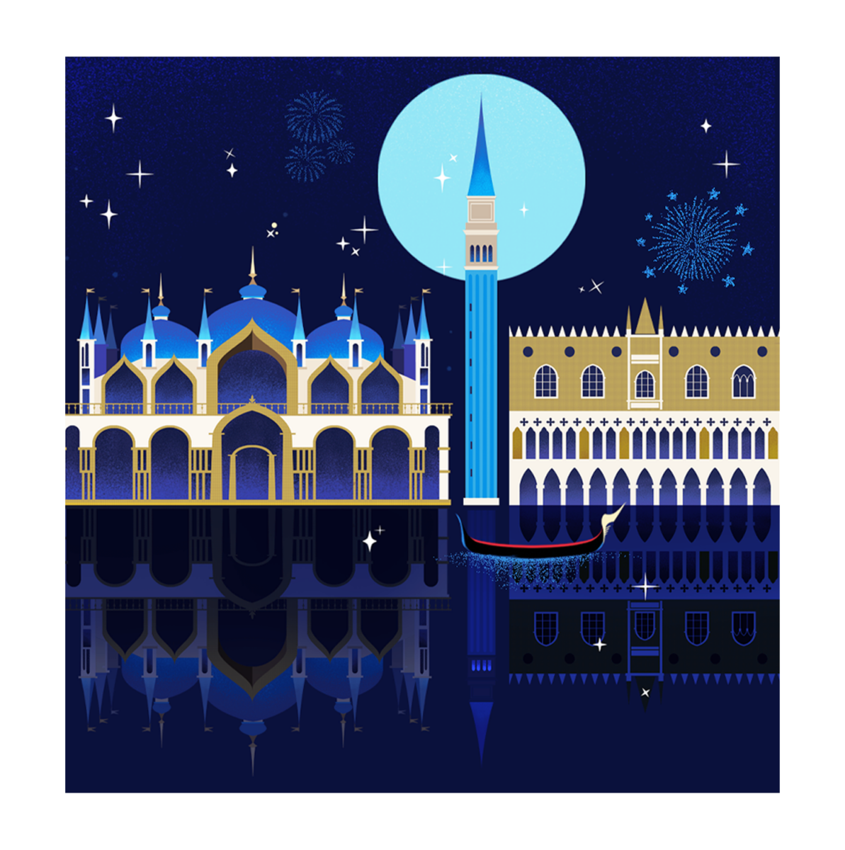 Night view of Venice landmarks with a gondola, moonlight, fireworks, and reflections on the water.