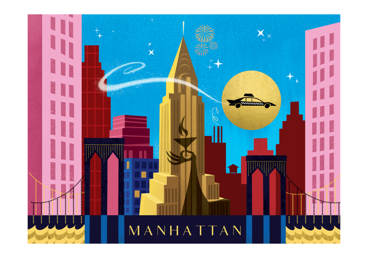 Colorful Manhattan skyline with the Chrysler Building, bridges, fireworks, and a flying taxi crossing a golden moon.