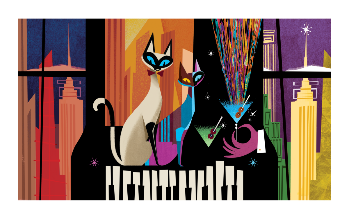 Two stylized cats sitting on a piano in a colorful nighttime city scene with a jazz musician silhouette.