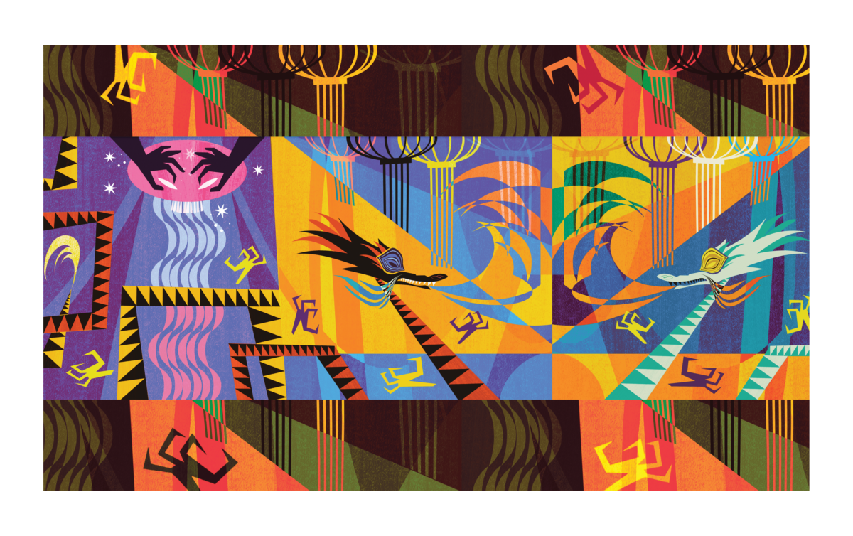 Colorful abstract Chinatown night scene with two stylized dragons, lantern shapes, and geometric patterns.