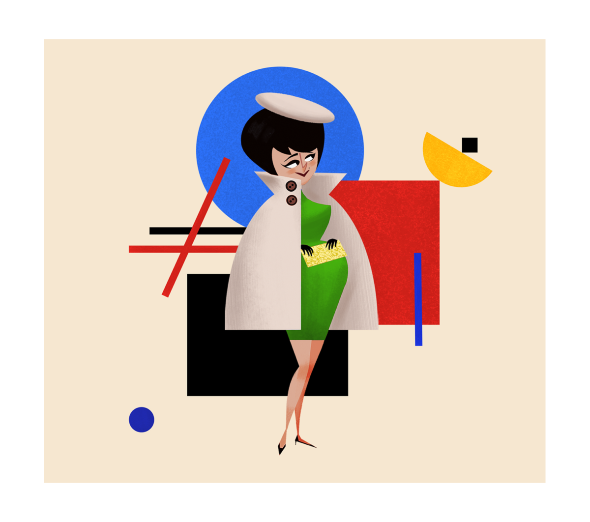 Stylized fashion figure in a green dress and white cape standing among bold geometric shapes.