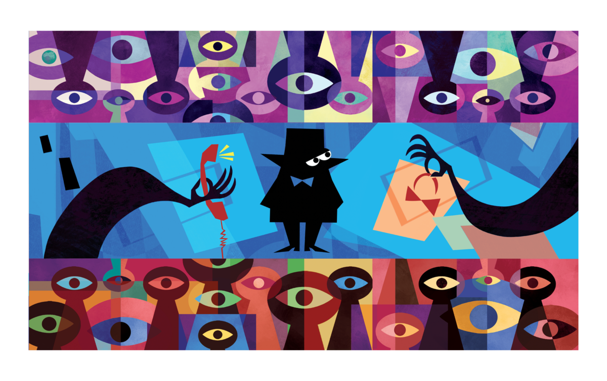 Stylized spy scene with a mysterious figure, a phone call, and rows of watching eyes.