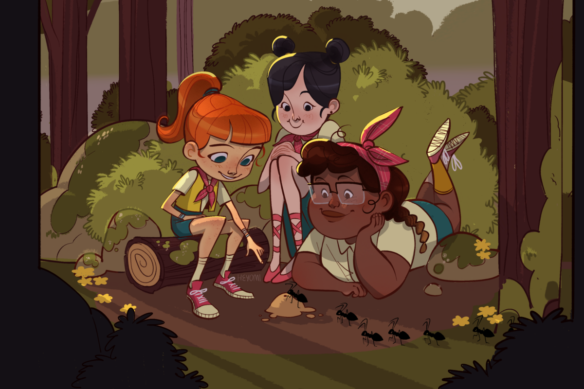 An illustration of a trio of girls excitedly waiting by an ant hill to watch the ants walk by.
