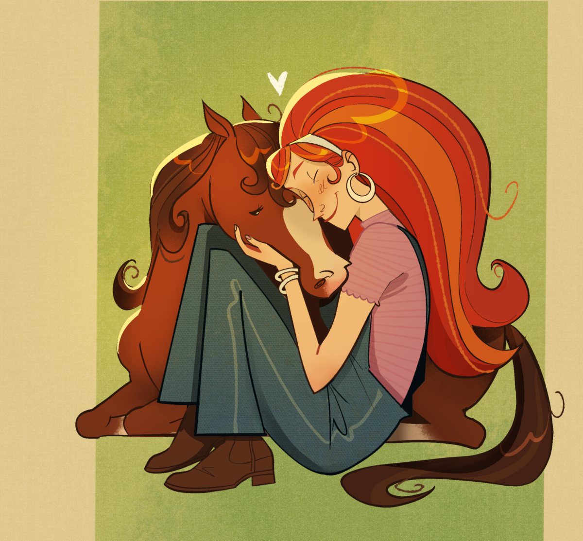 An illustration of a girl hugging a horse.