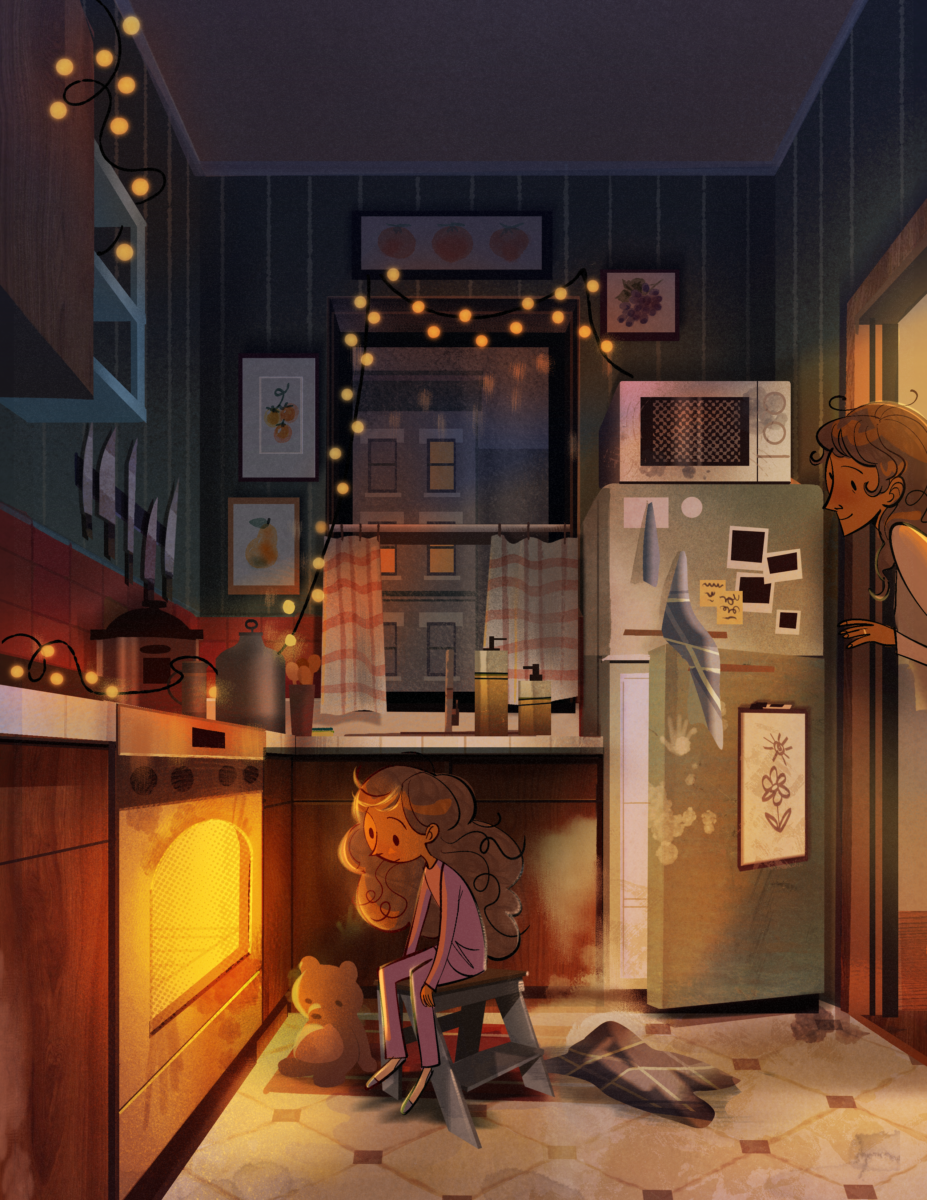 An illustration of a moment of quiet; a child waits for a cake to bake in the chaos of a messy kitchen.