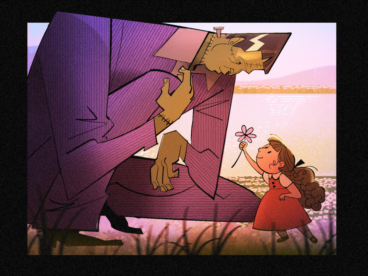 An illustration of Frankenstien and the farmers daughter handing him a flower.