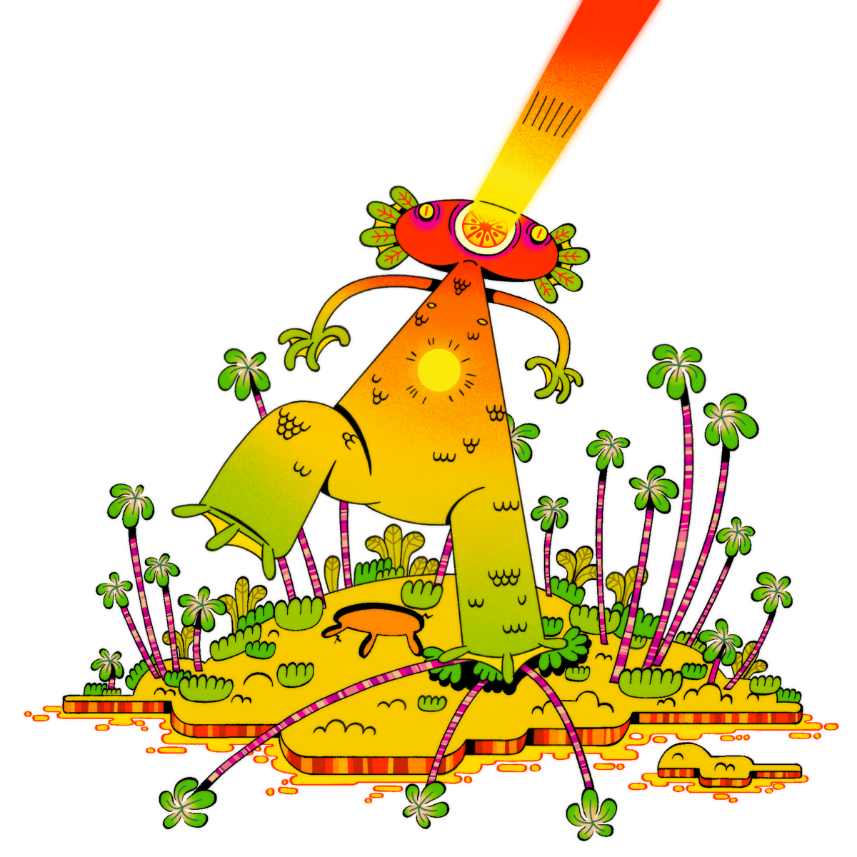 A tropical kaiju monster wreaking havoc on a deserted island