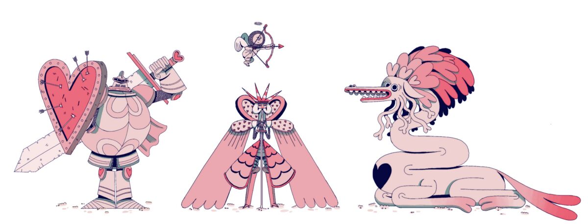 A lineup of medieval knights and creatures and a cupid but Valentines-themed
