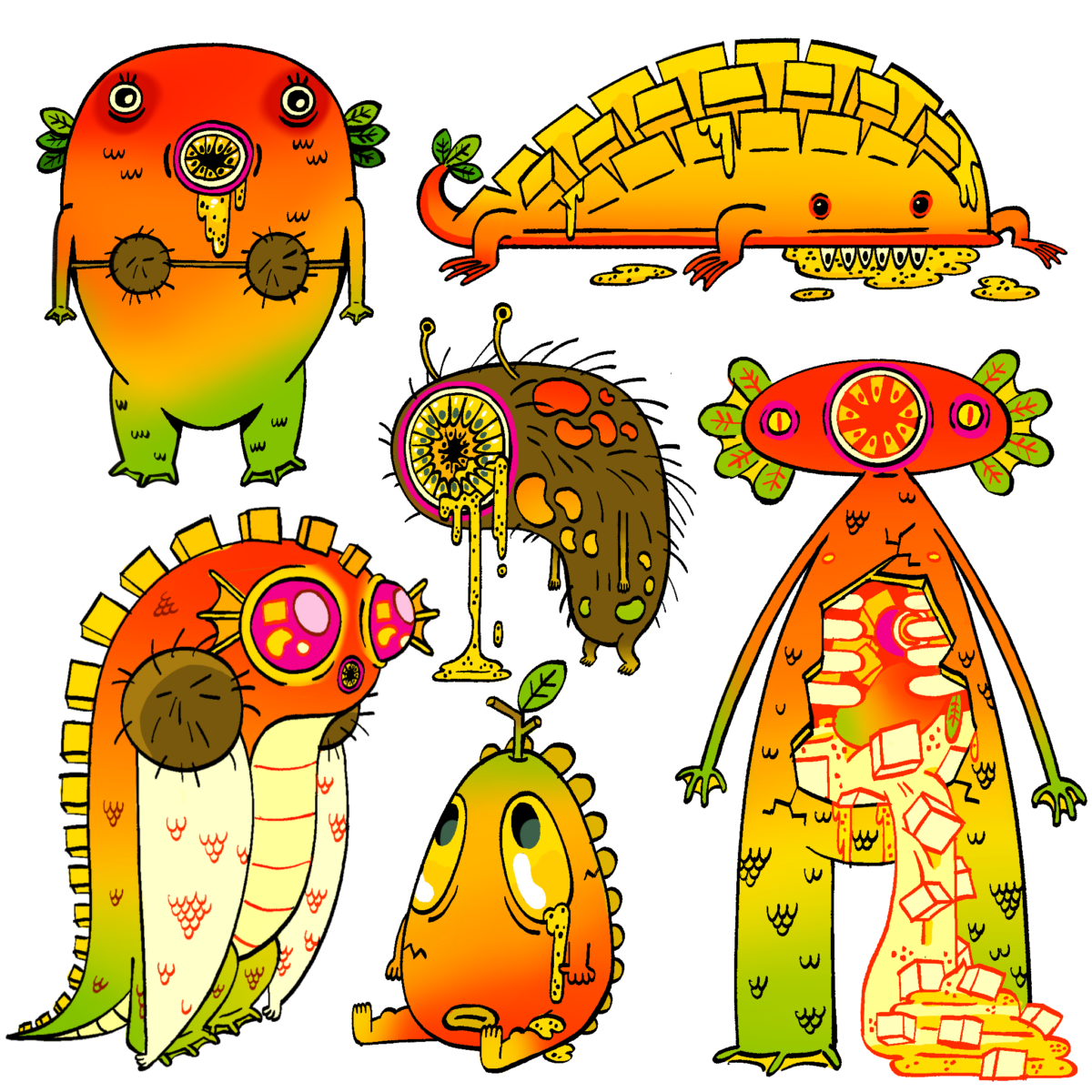 A few concept variations of a tropical kaiju monster made up of tropical fruits like passionfruit, mango, and coconut