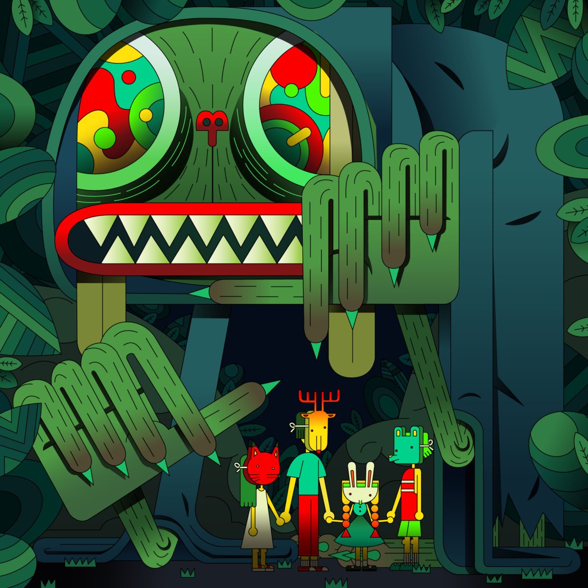 Four kids wearing animal masks standing next to a giant hooded monster in a forest