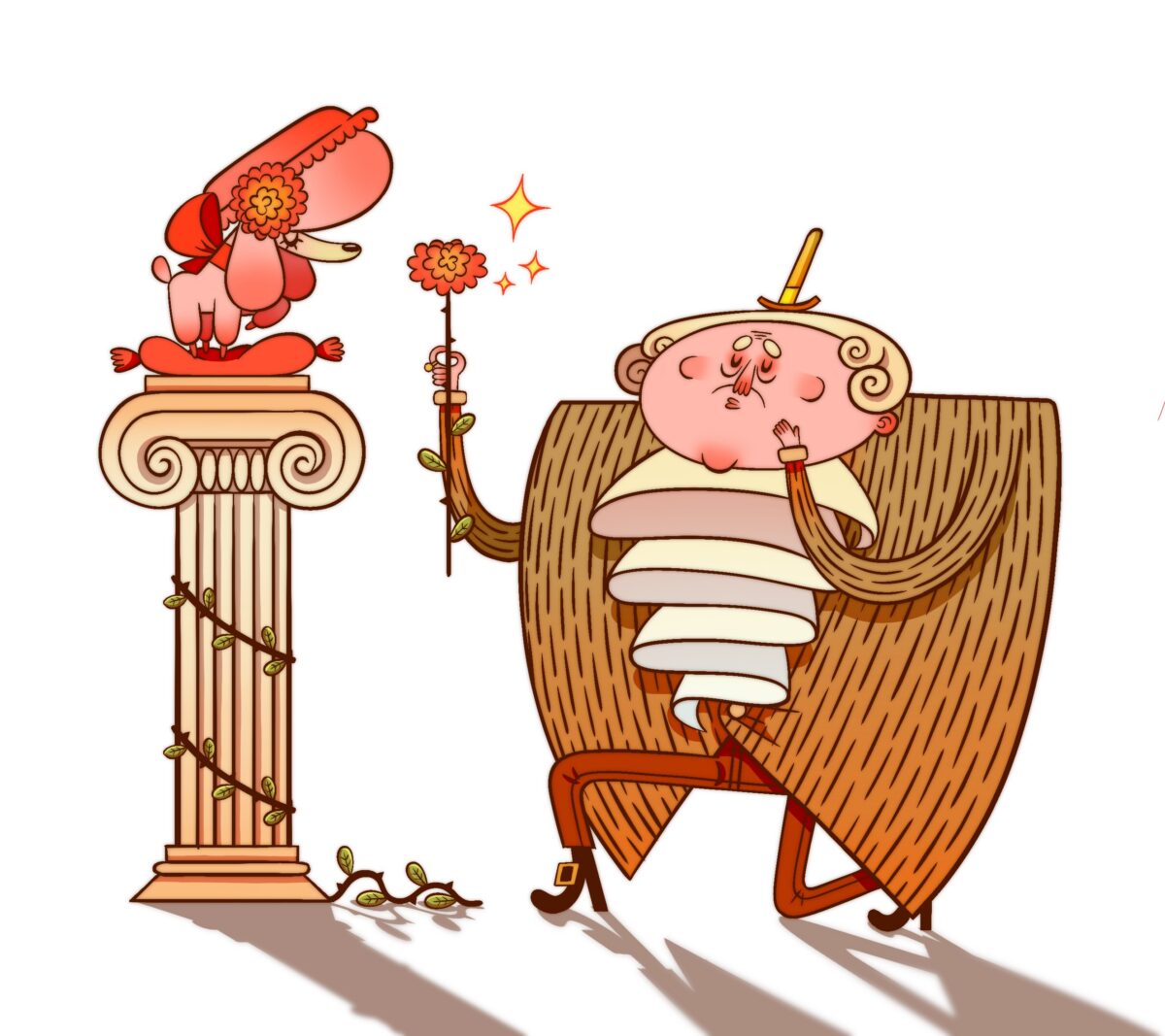 An aristocrat serenading his pink poodle with a rose