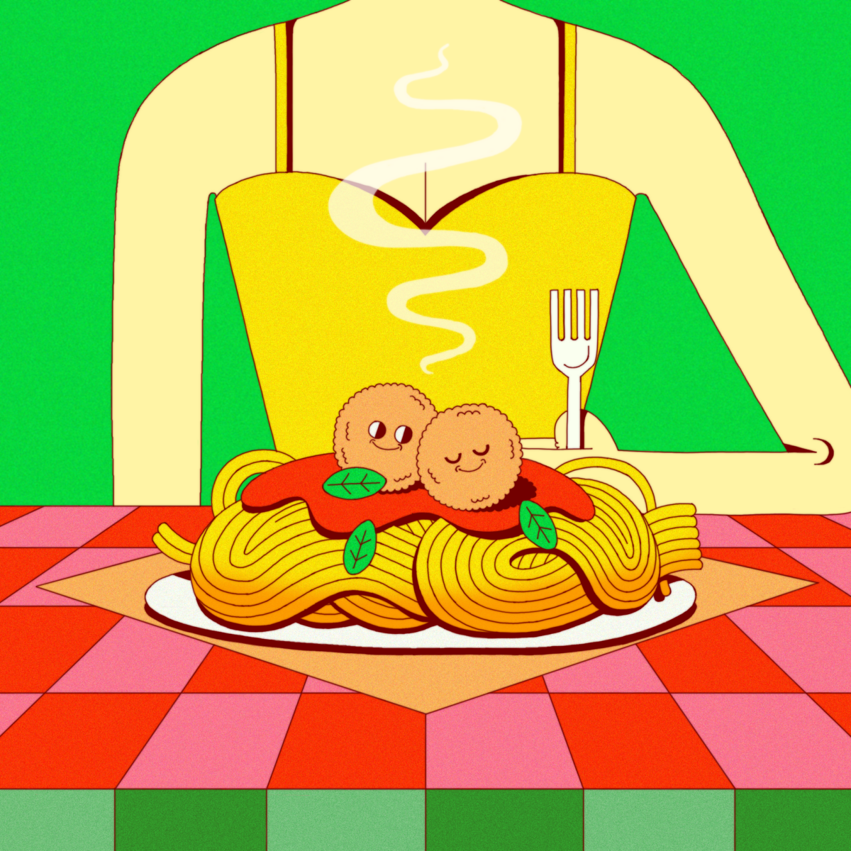 Two meatballs chilling on a bed of spaghetti