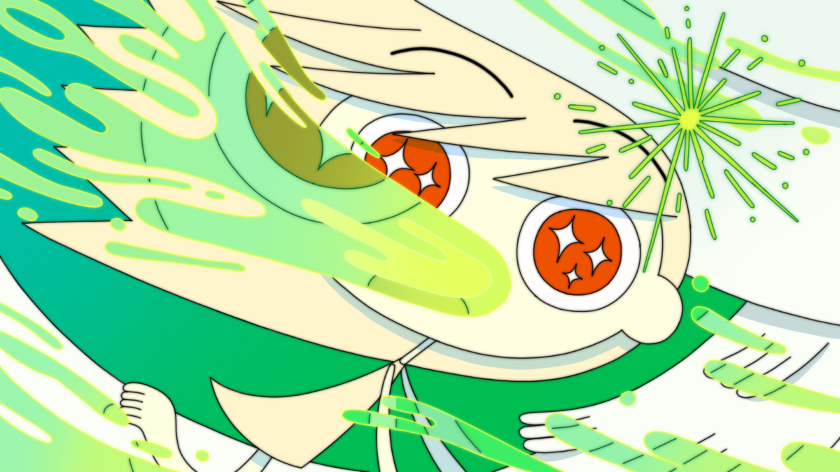 A style frame of a girl with red eyes riding on a creature for a short film