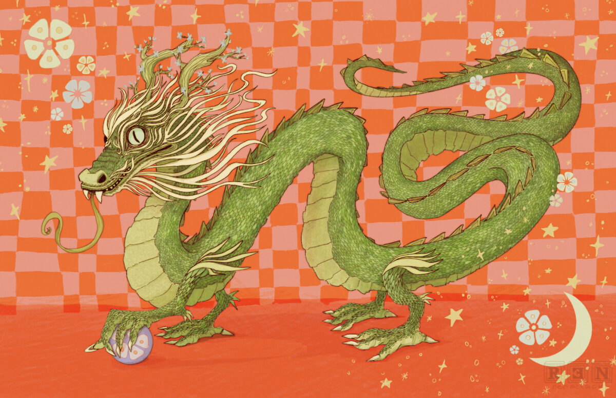 green earth-themed dragon with its clawed hand resting on a pearl. there is a pink checkerboard background with flowers and moons