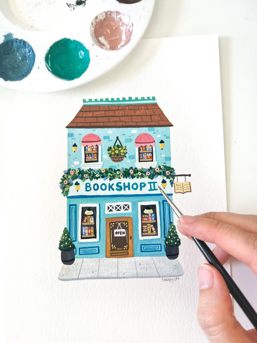 blue bookshop gouache painting