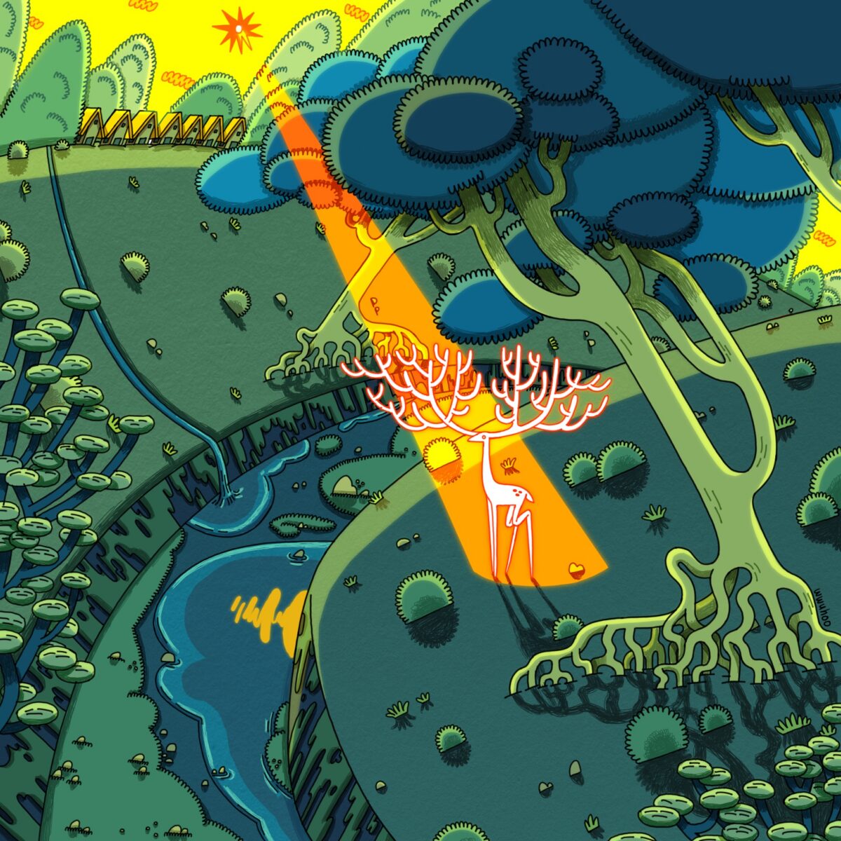 A deer in a ray of light standing in a surreal forest