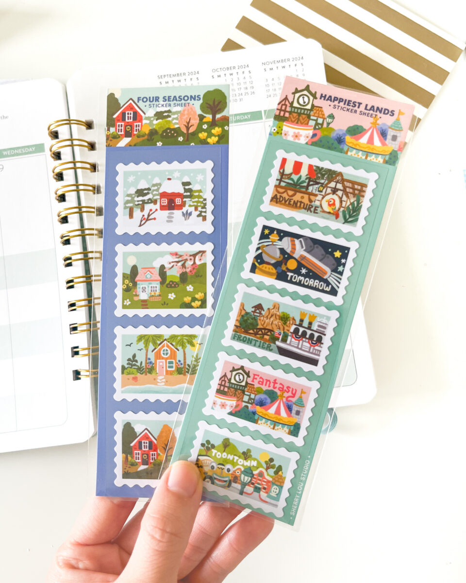 Stamp shaped sticker sheets with four seasons artwork and theme park inspired art