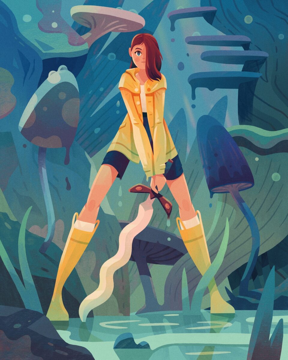 A girl in a yellow rain jacket and rain boots with red hair holding a squiggly sword and staring at the camera. Giant mushrooms are in the background.
