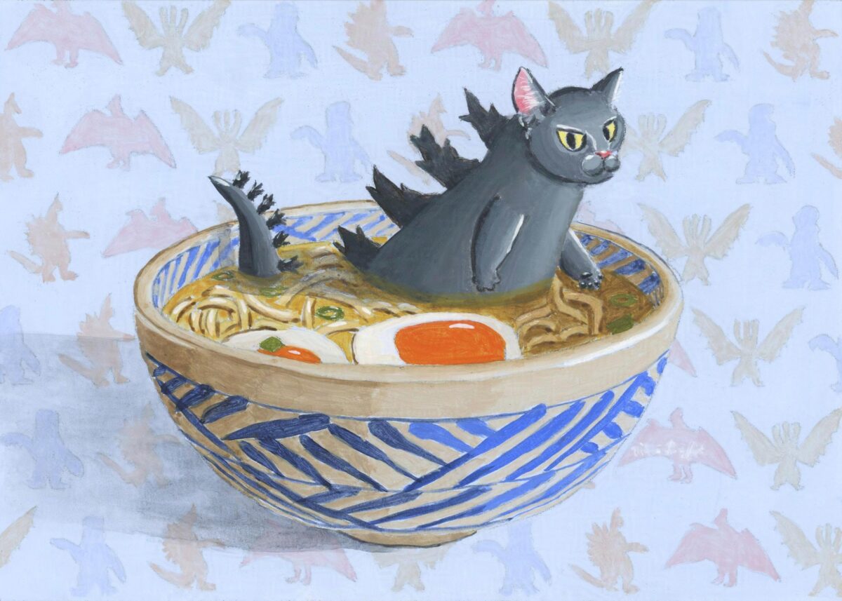 Catzilla walking in a comforting bowl of Ramen. Kaiju pattern in the background