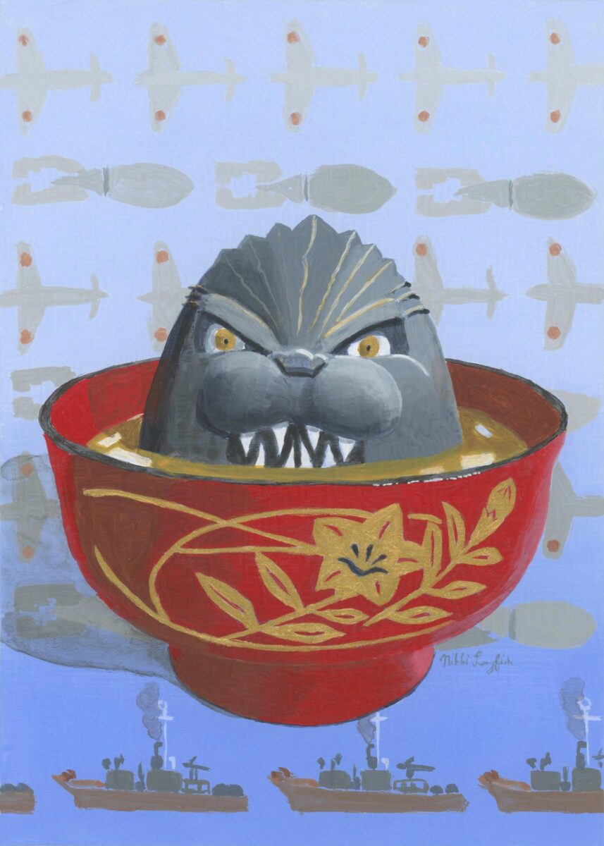 Godzilla swimming in a bowl of comforting miso soup.