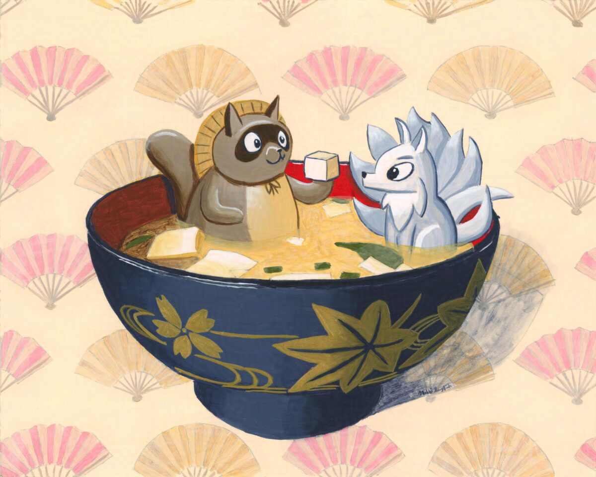 A Tanuki hands a cube of tofu to a Kitsune while chilling in a comforting bowl of miso soup. Fans pattern background.