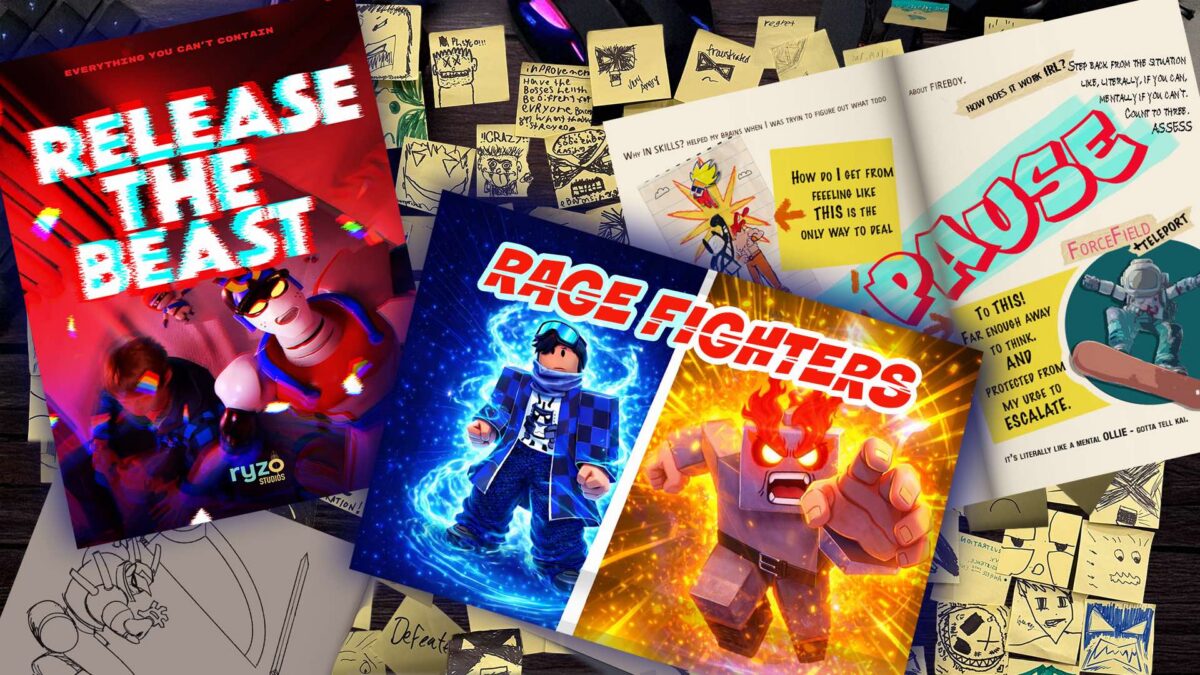A film poster, a game poster and a notebook lie atop a scattering of sticknote expression tests.